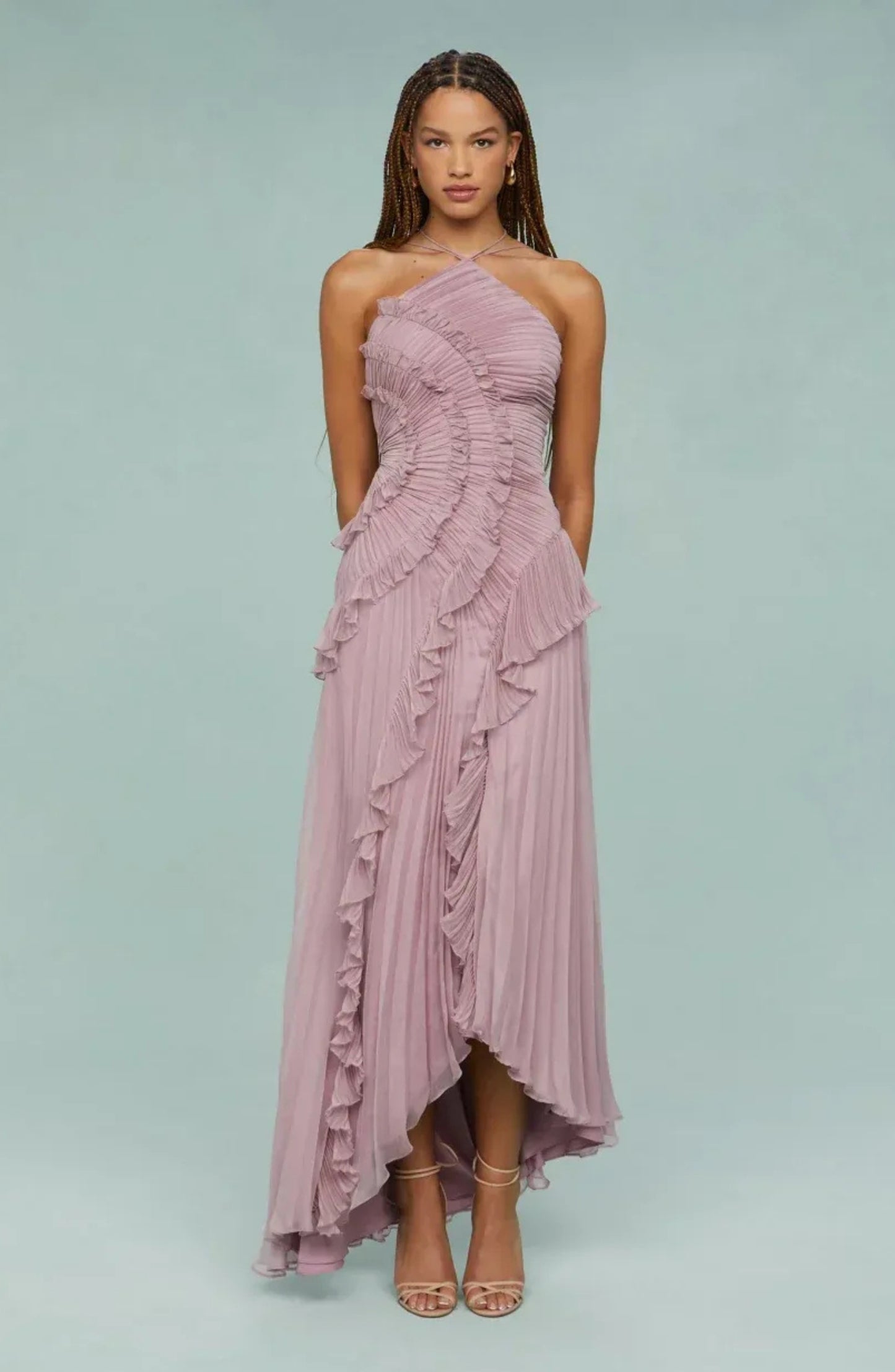 Pleated Frill Halter Neck Maxi Dress