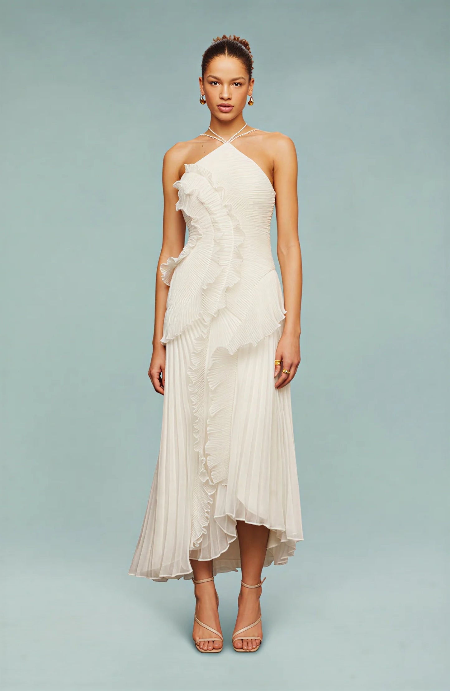 Pleated Frill Halter Neck Maxi Dress